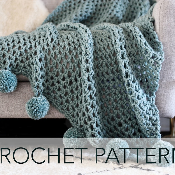 Crochet Pattern // Mesh Net Pompom Blanket Afghan Coverlet Throw // Celestial Poms Throw Pattern PDF