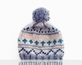 Knitting Pattern // Pompom Winter Ski Fair Isle Patterned Alpine Beanie Cap Hat // Poconos Toboggan Pattern PDF
