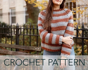 Crochet Pattern // Top Down Striped Raglan Cropped Sporty Pullover Crewneck Sweater // Foster Pullover Pattern PDF