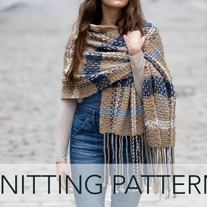 Knitting Pattern // Plaid Tartan Woven Knitted Twisted Rope Fringe Scarf Wrap Shawl // Waterbury Plaid Blanket Scarf Pattern PDF