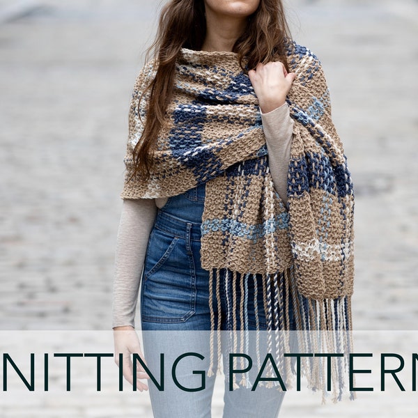 Knitting Pattern // Plaid Tartan Woven Knitted Twisted Rope Fringe Scarf Wrap Shawl // Waterbury Plaid Blanket Scarf Pattern PDF