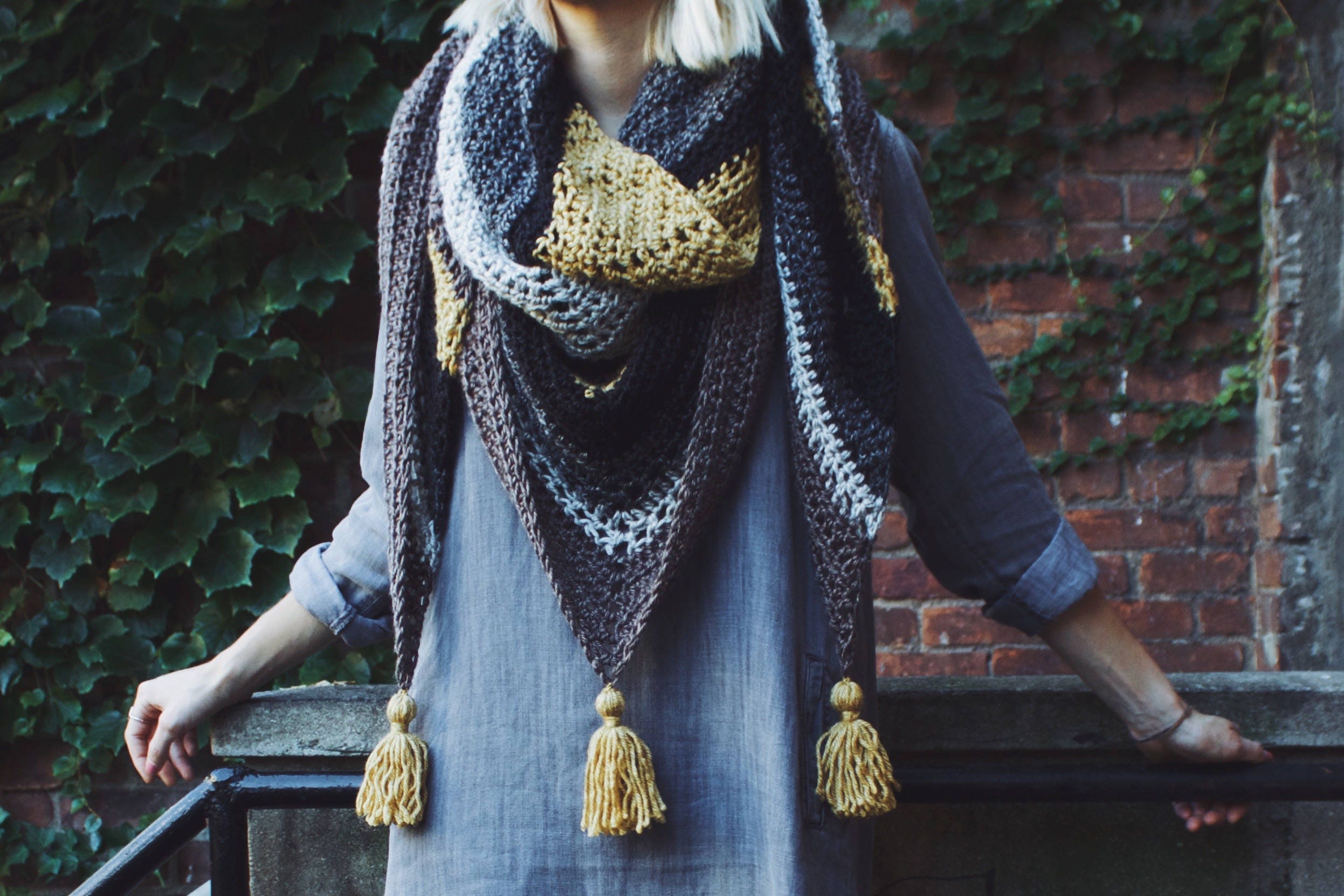 Crochet Pattern // Striped Tassels Triangle Top Down Shawl Scarf Eyelet ...