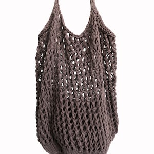 May include: A brown crocheted string bag with a wide, open top and two long handles.