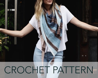 Crochet Pattern // Triangle Striped Lace Eyelet Ombre Shawl Scarf Tassels // Earl Grey Wrap Pattern PDF