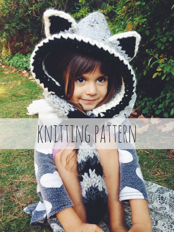 Knitting Pattern // Raccoon Hat Hood Cowl Scarf Knit Toddler Child Adult // Raymond the Raccoon Hood Pattern PDF