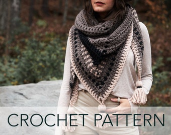 Crochet Pattern // Triangle Shawl Wrap Scarf Linen Stitch Striped Tassels // Highlands Wrap Pattern PDF