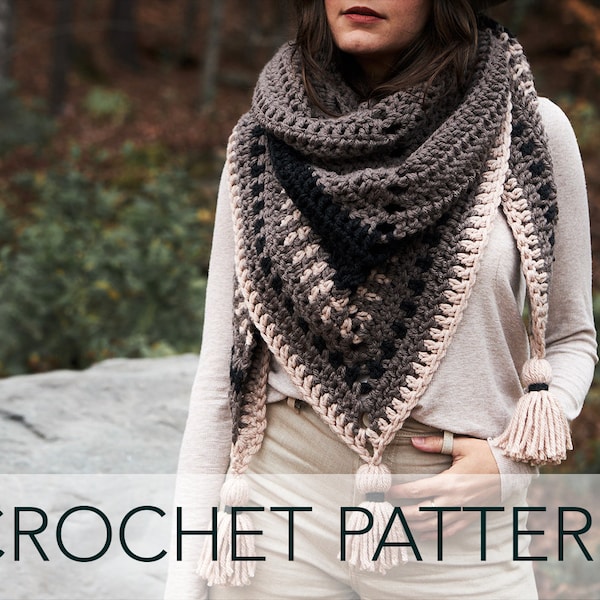 Crochet Pattern // Triangle Shawl Wrap Scarf Linen Stitch Striped Tassels // Highlands Wrap Pattern PDF