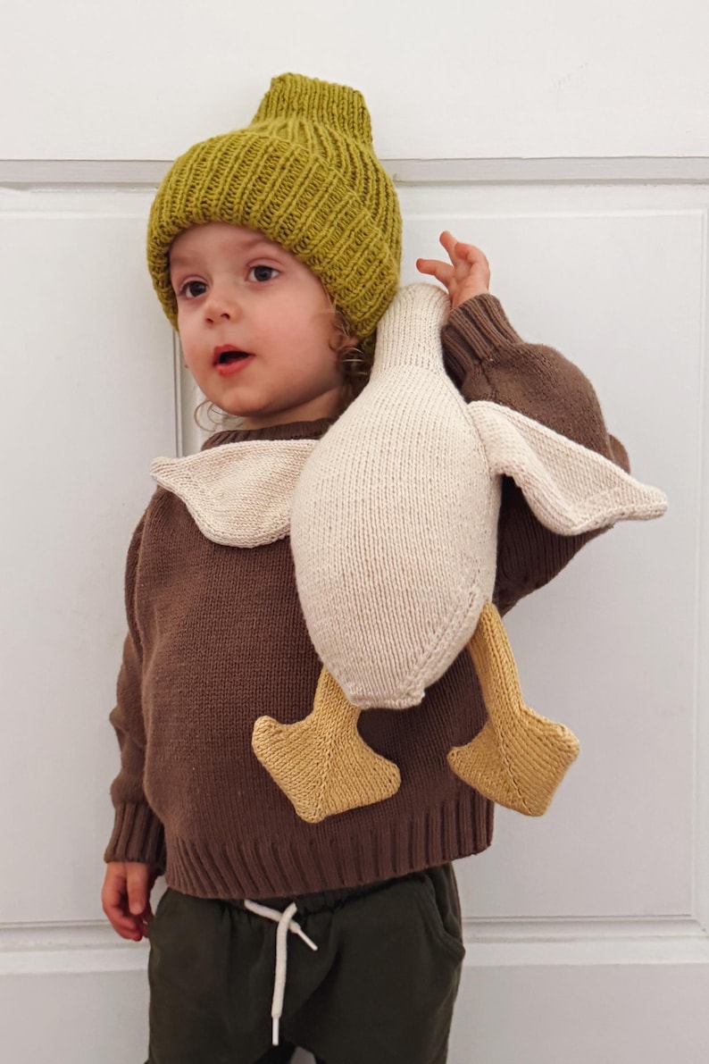 May include: A child wearing a green knit beanie and a brown sweater holds a knitted duck toy. The duck has cream-colored wings and a yellow beak and feet. The child is also wearing olive green pants.