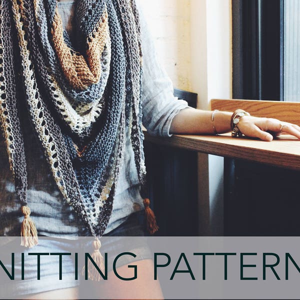 Knitting Pattern // Striped Tassels Triangle Top Down Shawl Scarf Eyelet // Coffee Shop Wrap Pattern PDF