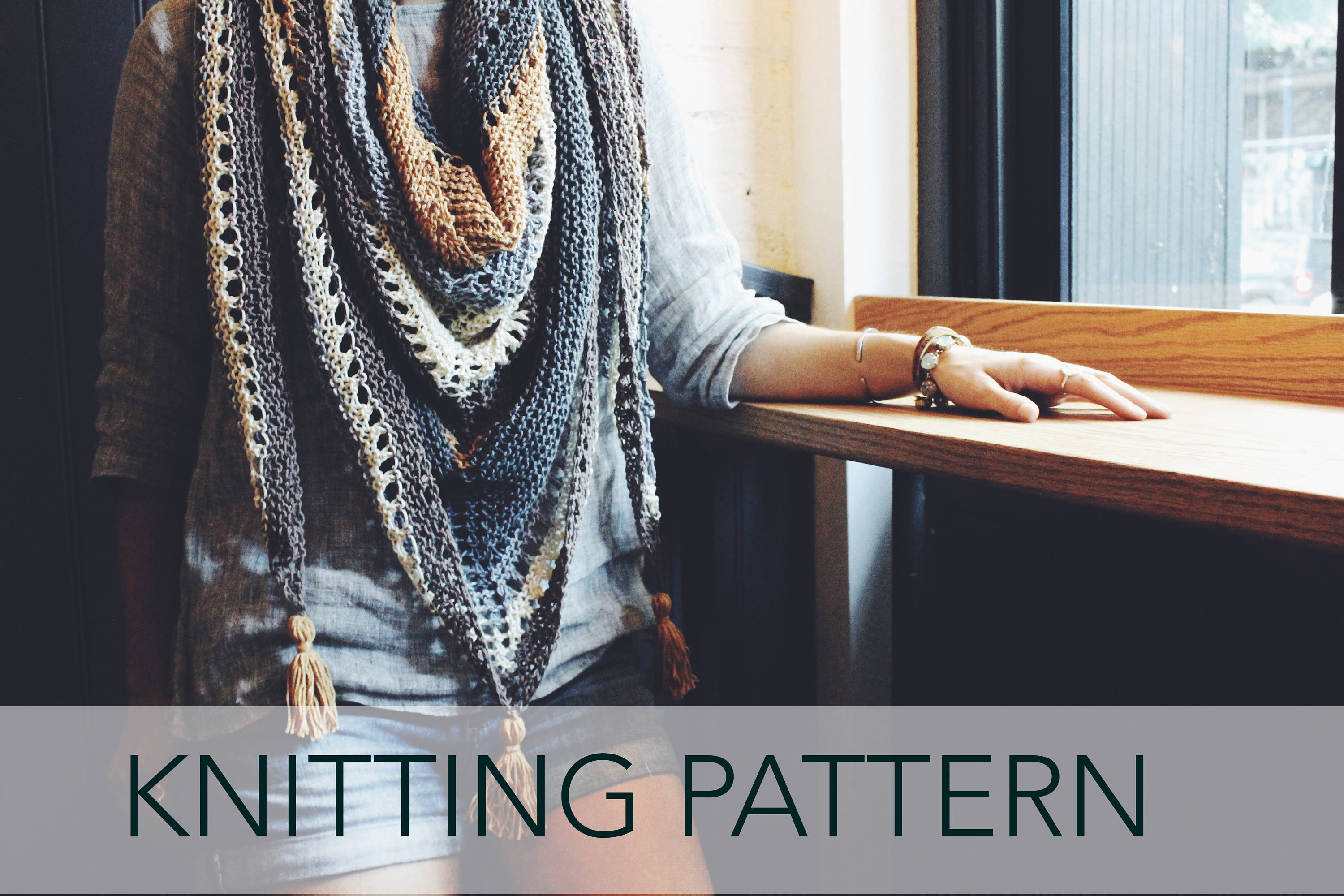 Knitting Pattern // Striped Tassels Triangle Top Down Shawl Scarf ...