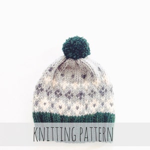 Knitting Pattern // Pompom Winter Ski Fair Isle Patterned Alpine Beanie Cap Hat // Tahoe Toboggan Pattern PDF