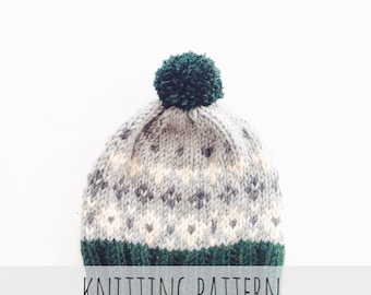 Knitting Pattern // Pompom Winter Ski Fair Isle Patterned Alpine Beanie Cap Hat // Tahoe Toboggan Pattern PDF