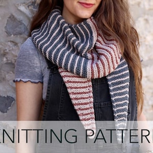 May include: A knitting pattern for a striped scarf with a gray and pink color scheme. The scarf is shown being worn by a person.