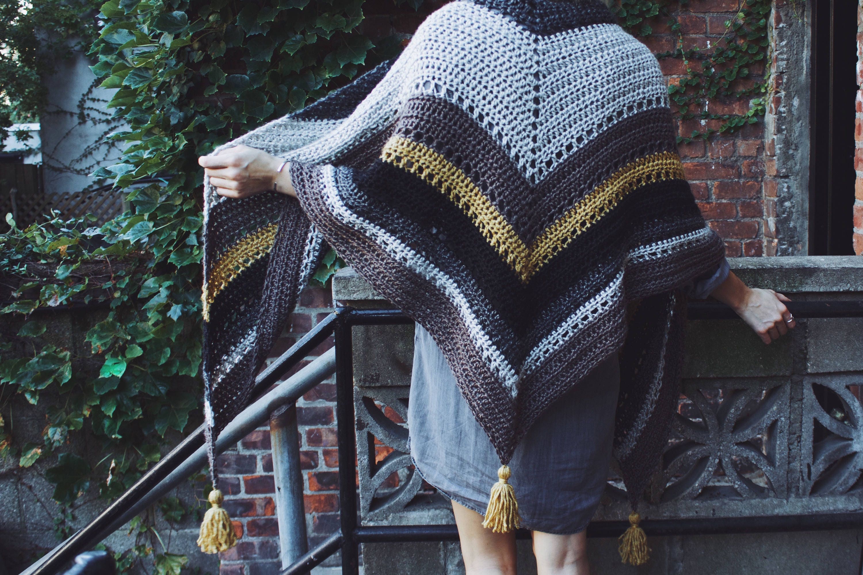 Crochet Pattern // Striped Tassels Triangle Top Down Shawl Scarf Eyelet ...