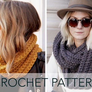 May include: Two women wearing crocheted infinity scarves. One scarf is mustard yellow and the other is dark grey. CROCHET PATTERN is written in black text on a grey background.
