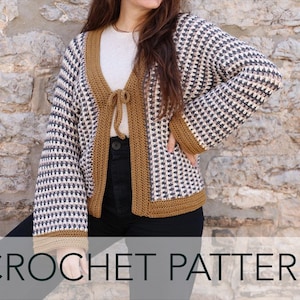 Crochet Pattern // Linen Stitch One Piece Side to Side Cardigan Tie Front Bell Sleeve // Emerick Cardigan Pattern PDF