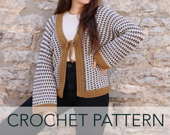 Crochet Pattern // Linen Stitch One Piece Side to Side Cardigan Tie Front Bell Sleeve // Emerick Cardigan Pattern PDF