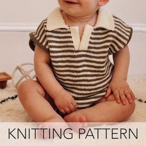 May include: Knitting pattern for a striped baby onesie with a white collar. The onesie is brown and white with short sleeves.