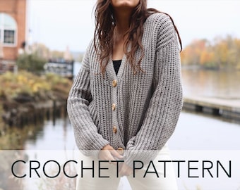 Crochet Pattern // Fisherman Ribbed Buttoned Cardigan Slouchy Fit Knit-Look Short Rows // Nantucket Ribbed Cardigan Pattern PDF