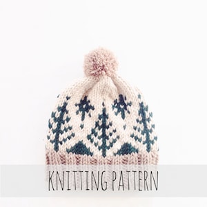 May include: Knitting pattern for a beige and green knit hat with a pom pom on top. The hat features a repeating pattern of green pine trees on a beige background.