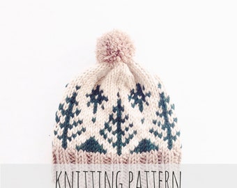 Knitting Pattern // Pompom Winter Ski Fair Isle Patterned Alpine Beanie Cap Hat // Adirondack Toboggan Pattern PDF