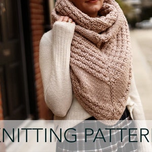 May include: A knitting pattern for a triangular shawl with a textured stitch pattern. The shawl is a light pink colour and is being worn by a person.