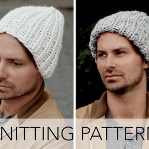 May include: Knitting pattern for a simple beanie hat. The pattern shows two different colour variations, one in white and one in grey.