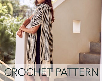 Crochet Pattern // Graphic Linen Crochet Wrap Shawl Summer Scarf Oversized Super Cotton Fringe // Tourmaline Wrap Pattern PDF