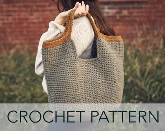 Peut inclure: Un sac cabas en crochet de couleur marron et vert. Le sac a une forme rectangulaire large avec un fond plat et deux longues anses.