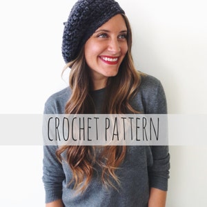 May include: A woman wearing a gray crocheted beret and a gray sweater. The text "CROCHET PATTERN" is displayed on a white banner.