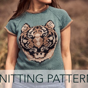 Può includere: Schema di maglia per un maglione a maniche corte blu-verde con un disegno di testa di tigre marrone e nero.