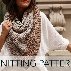 May include: A knitting pattern for a triangular scarf with a textured stitch. The scarf is made in shades of brown, beige, and white.