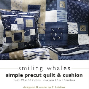 Smiling Whales quilt and cushion pdf pattern, applique, machine pieced, machine quilted, hand quilted