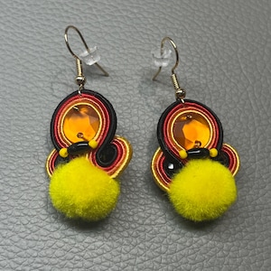 Soutache earrings - black, red, yellow - Gift for her
