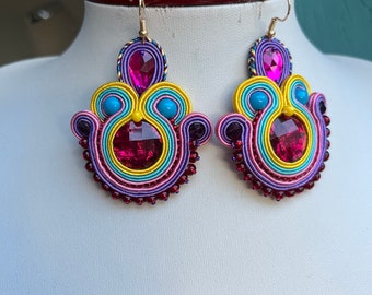 Soutache earrings blue, yellow, pink multicolor