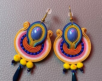 Soutache earrings blue, yellow, pink multicolor