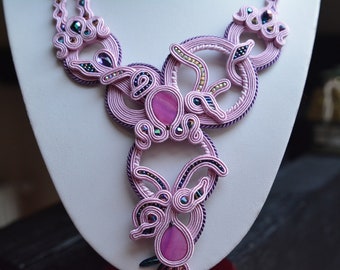 Soutache necklace, bracelet, earrings - soft pink, petrol, purple - Gift for her