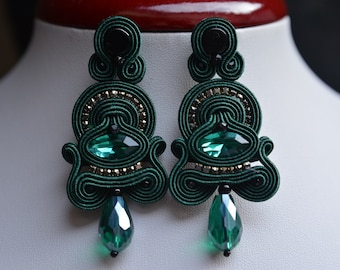 Green, black - big soutache earrings - Gift for her