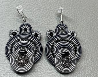 Grey, black - soutache earrings - Gift for her