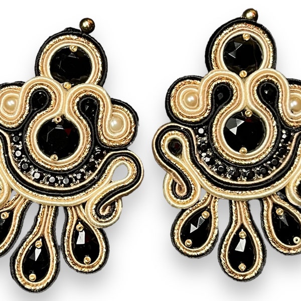 Boucles d'oreilles soutache or, noir, vanille