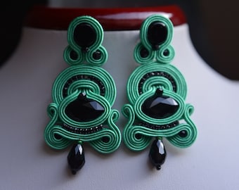 Green, black - big soutache earrings - Gift for her