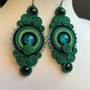 Green- big soutache earrings - Gift for her