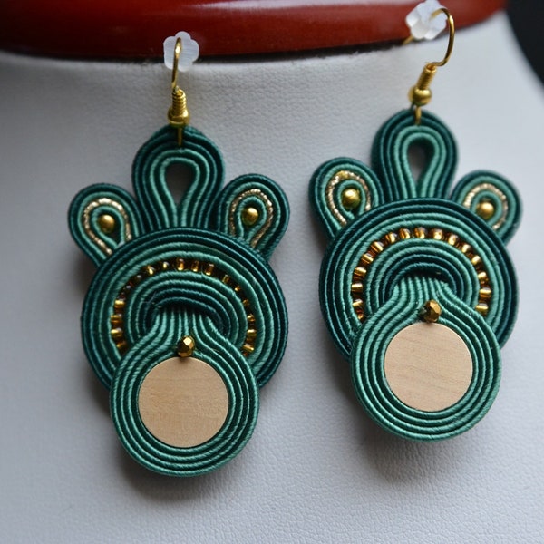 Green, gold - soutache earrings - Gift for her