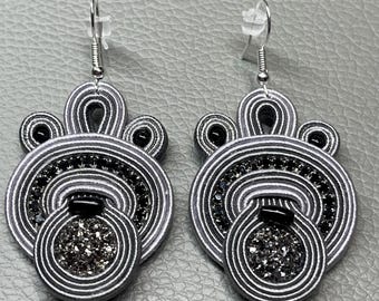 Grey, black - soutache earrings - Gift for her