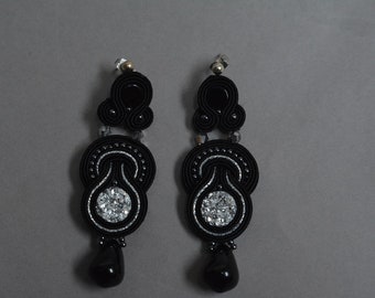 Black Soutache Earrings, Silver Accents, Dangle Earrings