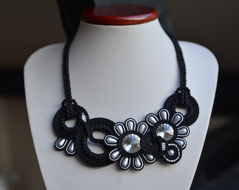 Soutache necklace - black and white - Gift for her