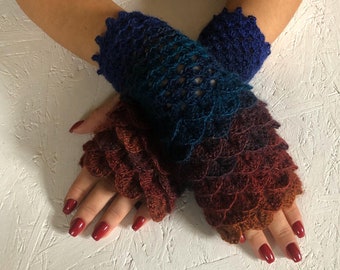 fingerless gloves, crochet winter  lace gloves, Arm Warmers, women wrist warmers, dragon scaled mittens, Christmas gift