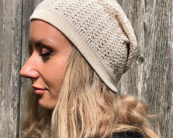 Beige  women  hat,  knit slouchy hat, sun hat, beige cotton beanie