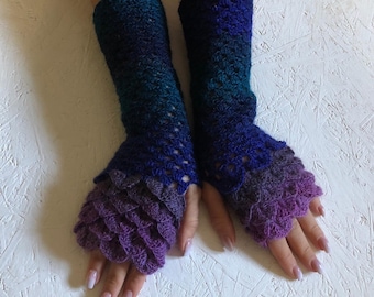new dragon gloves -blue  Fingerless gloves - long women's gloves - Arm Warmers  - crochet gloves- Christmas gift