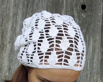 New summer slouchy hat, white slouchy lace beanie, sun hat, women hat, cotton crochet hat